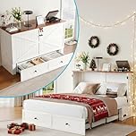 Mjkone 63" W Queen Size Murphy Cabinet Bed with Tri-fold Mattress, Queen Murphy Bed with 2 Storage Drawers and USB Charging Station, Chest Cabinet Beds for Bedroom, Small Space, Guest Room, White