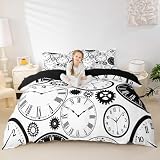 Erosebridal Timepiece Comforter Cover Clock Gears Print Bedding Set for Kids Teens Adult Men Ancient Zigzag Vintage Style Duvet Cover Retro Spiral Bedspread Cover, Black and White Queen Size