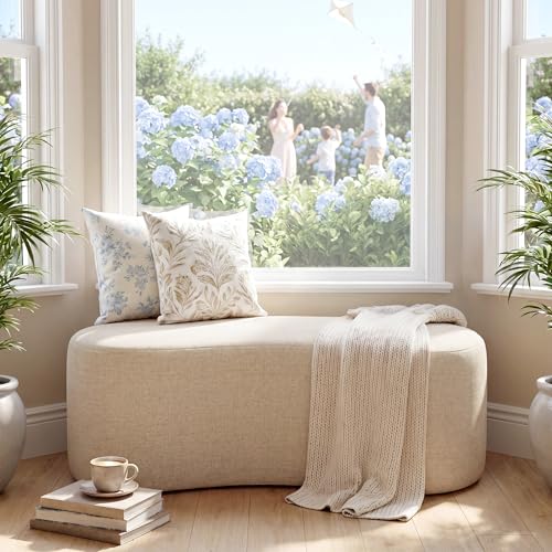 Image of Zesthouse Upholstered Ottoman Bench for Bedroom, 39.8 inch Curved Linen End of Bed Bench, Modern Small Bench Seat for Living Room Entryway Hall Mudroom, Soft Beige Fabric Coffee Table, Crescent Shape