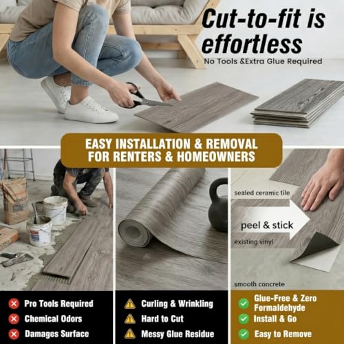 Image of Peel and Stick Floor Tile, 54 Sq.Ft Grey Vinyl Wood Flooring