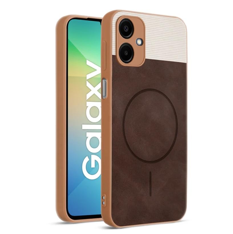 Image of Bintage CASE Mac Safe Design Hard Light Weight Back Case | Soft Border Camera Protect | Dual PU Leather Finish Back Cover Compatible for Samsung Galaxy A06 5G - White & Cherry Brown