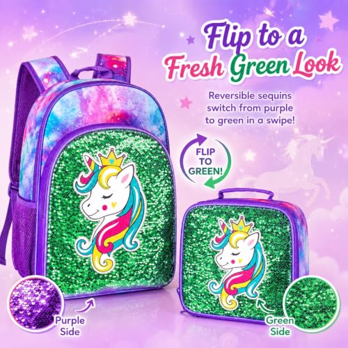 Image of 3PCS Girls Backpack, 16 inch Kids Sequins Unicorn Bookbag with Lunch Box, School Bags for Elementary Preschool Kindergarten - Purple