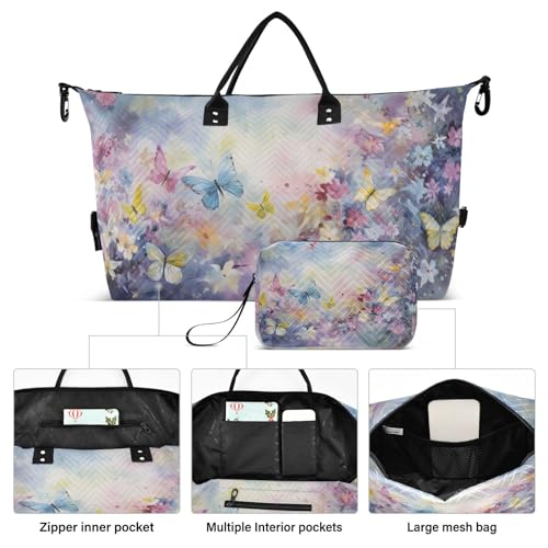 Large Travel Duffel Bag, Retro Oil Painting Butterflies Sport Tote Gym Bag, Shoulder Weekender Overnight Bag for Women Men, Carry On Luggage with Toiletry Bag2