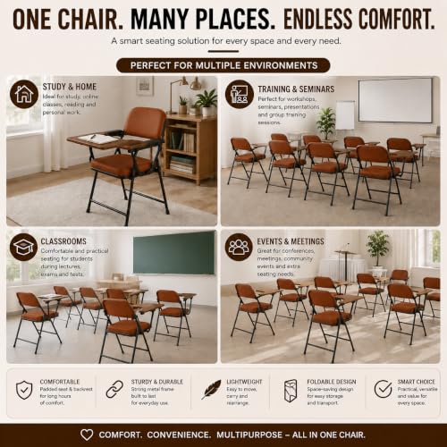 Image of Cushioned Study Chair with Writing Pad for Home, Students & Study Room, Supportive Backrest, Sturdy Metal Frame, Reading, Writing & Homework Chair, Brown