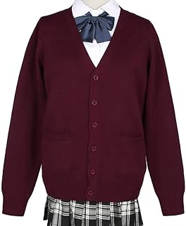 スクールカーディガン 制服 無地 ゆったり ニット オールシーズン Vカーディガン 女子 学生 厚手 無地 (ブルゴーニュL)
