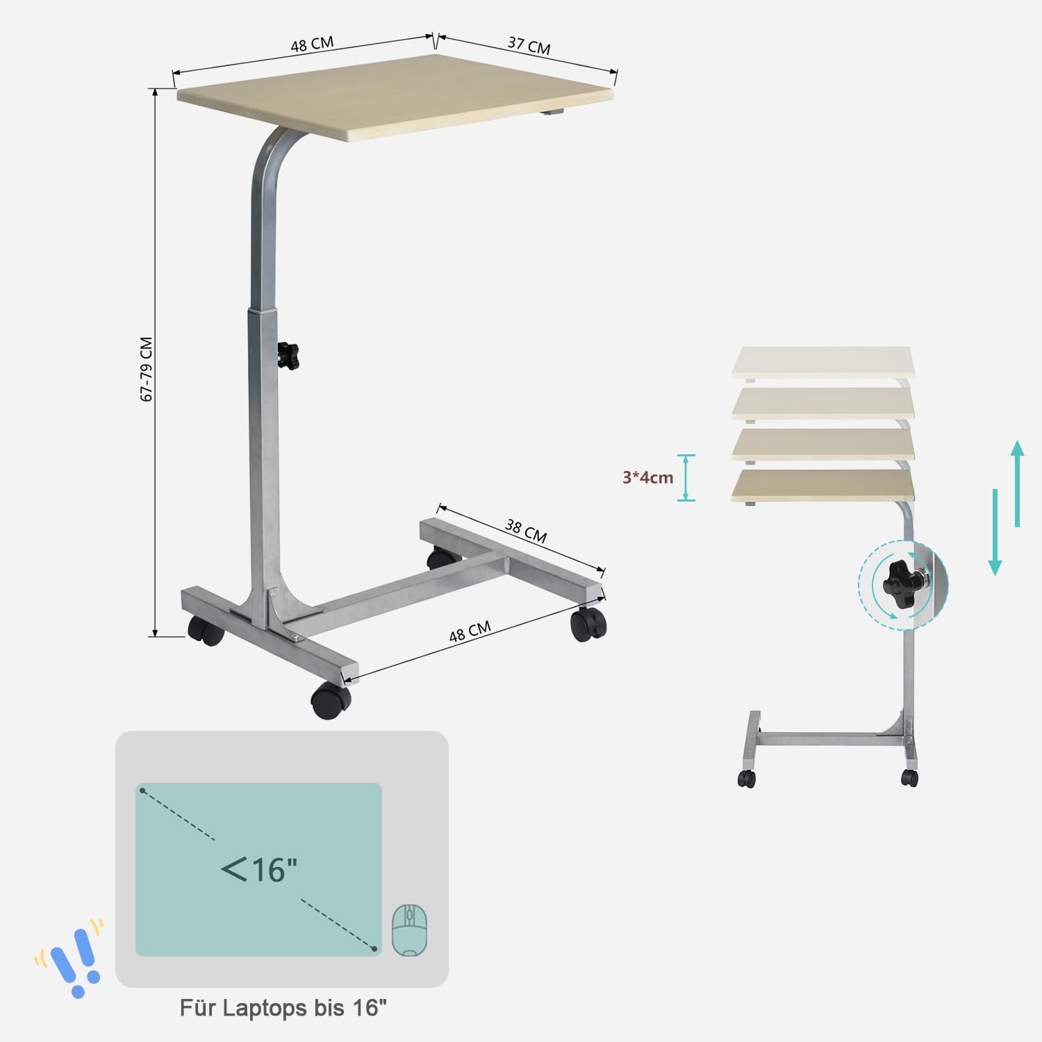MEUBLE COSY Laptoptisch Höhenverstellbar mit Rollen Laptopständer Beistelltisch Sofatisch Nachttisch, Gestell aus Metall, Tischplatte aus Holz, Eiche, 48x37x79 cm