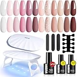 MEFA 19 Pcs Gel Nail Polish Kit with U V Light, 12 Colors All Seasons Nude Milky White Soak Off Gel Polish Nail Set with Glossy Base Top Coat Essential Manicure Tools Beginners Salon Nails DIY Art