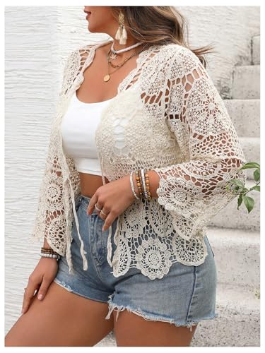SHENHE Women's Plus Size Hollow Out Cardigan Lightweight Sheer Tie Front Boho Kimono4
