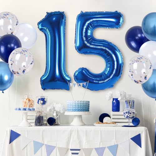 Image of 15th Birthday Balloon for Boys, Foil 40 Inch Self Inflating Number 15 Metallic Dark Blue, Navy Blue Mylar Large Balloon with Silver Confetti Latex for Men Birthday Party Decorations