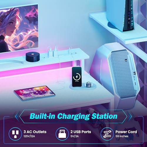Image of 51 Inch Gaming Desk with LED Lights and Power Outlets, Computer Desk with Storage Shelves, Fabric Drawers, Monitor Stand & Side Hook, Reversible Gamer Table for Home Office, Carbon Fiber White