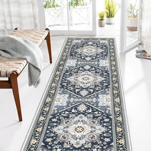 OPPODREAM Soft Entryway Rug 2x8, 2x8 Rug Runner, Washable Hallways Carpet 2 x 8 with Non Slip Backing, Low-Pile Bedside Carpet 2 x 8, Long, Faux Cashmere, Navy Blue & Gold