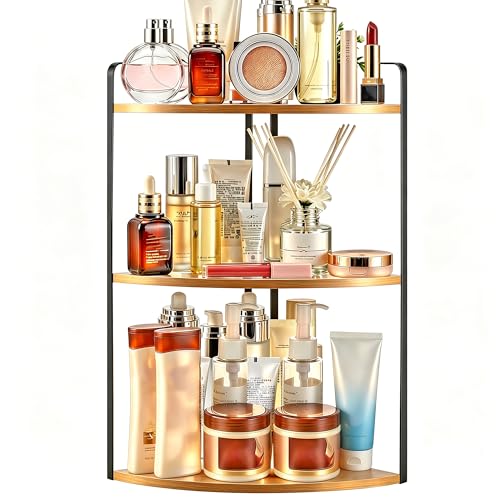 Image of 3 Tier Corner Bathroom Counter Organizer, Countertop Organizer, Makeup Organizer Countertop, Bathroom Storage Sink Shelf, Wooden and Metal Counter Shelf (Large Capacity-Rustic Walnut)