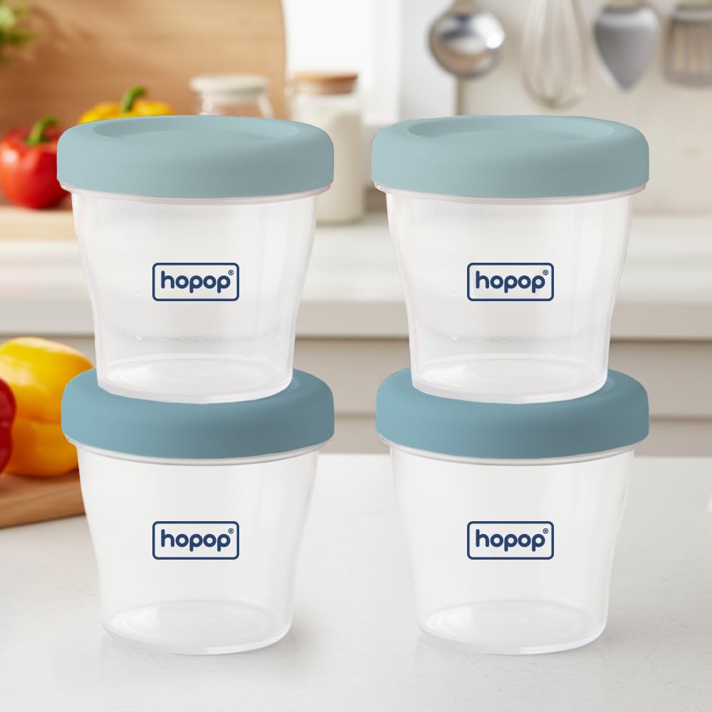 Hopop Baby Food Storage Container | 4 Pcs Multi Storage Milk Powder & Snack/Food Container | Air Tight and Leakproof Multi-Functional Food Storage Jars with Lids | 150 ml | Set of 4 (Blue & Green)-image-28