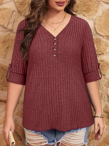 Image of Koscacy Women Plus Size V Neck 3 /4 Roll Sleeve Sweater Casual Knit Tops Solid Color Blouses