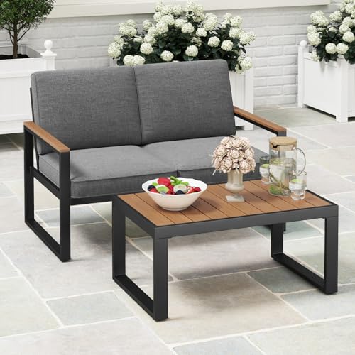 GIANTEX Juego de Muebles de Jardín 2 Piezas, Sofá de 2 Plazas Acolchado y Mesa de Café, Marco de Aluminio, Banco Exterior Carga hasta 360 kg, Conjunto de Muebles para Terraza, Balcón