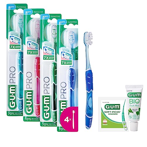 GUM PRO Soft Manual Toothbrush | Tapered bristles | Non-Slip Ergonomic Handle | Compact Head | 1 Piece | 4 x 1 Pieces (with 1 Bonus Sample)