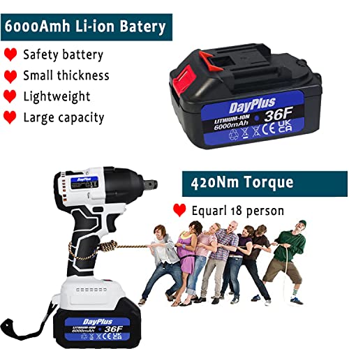 Yiyai Akku Schlagschrauber 420Nm Drehmoment, 3200 RPM, Bürstenloser Motor Akkuschrauber 21V Akku Bohrschrauber mit 2x6.0Ah Akku, 4 Stecknüsse, 5 Bohrer, 13 Schrauben – Bild 6