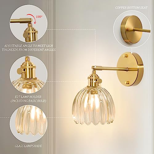 Shenmoyl Vintage Modern 1 Light Wall Sconces With Transparent Flower Glass Lampshade 180 Degree Adjustable Brass Sconces Wall Lighting Fixture With Switch For Bedside Bedroom Doorway #TOP1