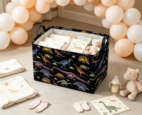 Image of Sanjiaofeng Rectangular Dinosaur Baskets,Waterproof Foldable Dinosaur Basket with Handles,Nursery Hamper,Home Organizer,Books Box,Gift Baskets(Shadow Dinosaur)