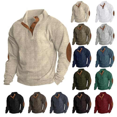 Wankang Men's Corduroy Sweatshirt Elbow Patches Stand Collar Quarter Button Up Pullover Sweaters Long Sleeve Polo Sweaters Khaki
