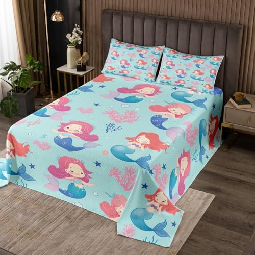 Juego de colcha de sirena, tamaño doble, para niños y niñas, diseño de concha de coral, colcha de cola de sirena, colcha de 3 piezas, ropa de cama decorativa acolchada con 2 fundas de almohada