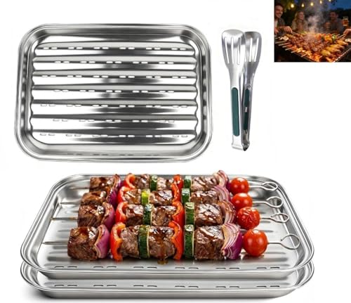 Mujiluxe grillschale grillschalen grillschale Edelstahl Wiederverwendbare Grillplatten-Set aus Edelstahl beinhaltet Set aus 3 Lochplatten 34 5x24x2cm + Zange für Gemüse Fleisch und Fisch (Silber)