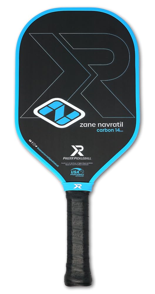 ProXR Zane Navratil Carbon Fiber Pickleball Paddle – Elongated Shape and Handle, Slim 14mm Design, Shock Foam Edge Guard, High Spin Raw Textured Surface, Midweight