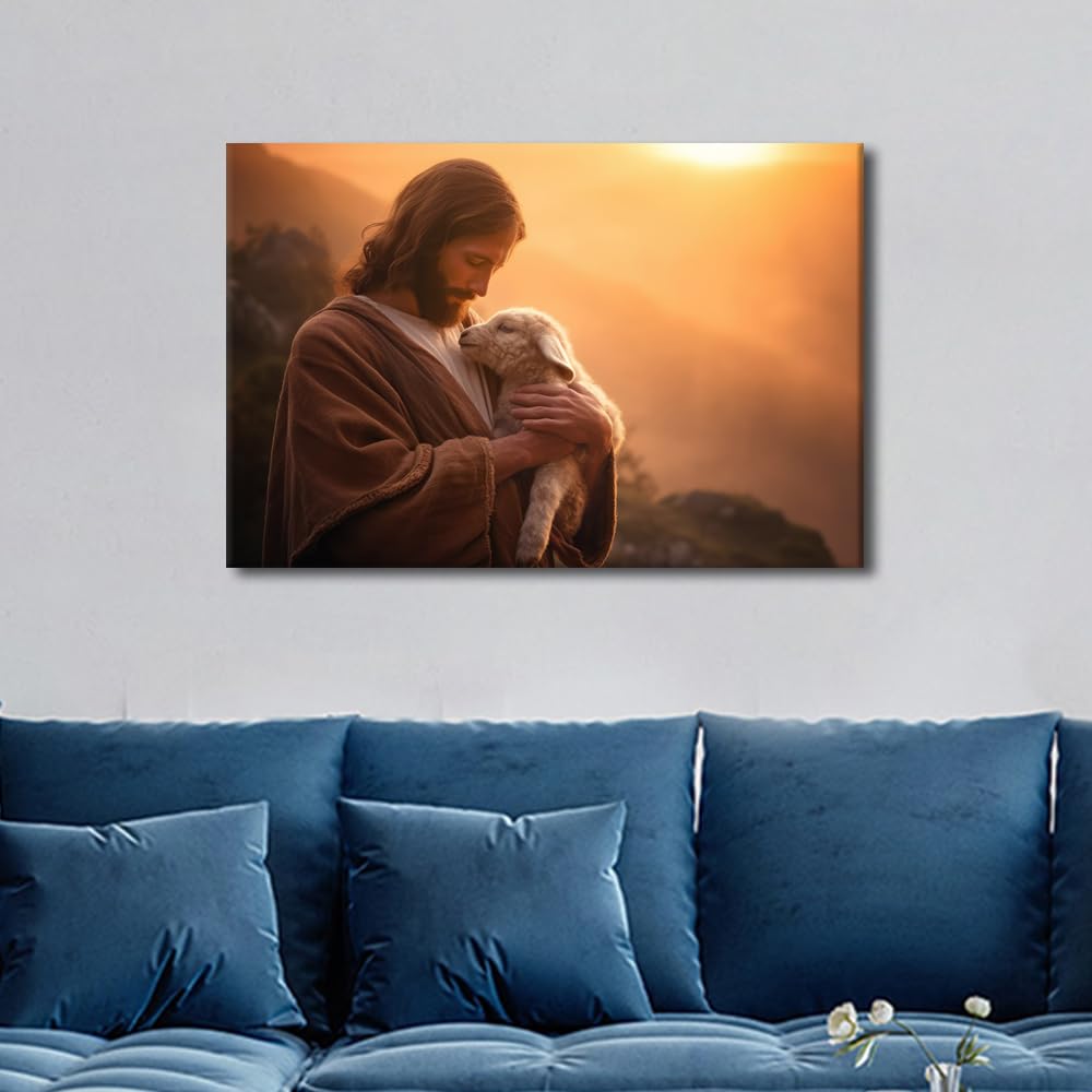 Art Work for Home Walls Christian Wall Art Lost Lamb Wall Art The Hands Of Jesus Paintings Canvas Wall Art Lost Lamb Poster Home Wall Decor Stretched and Framed Ready to Hang - Image 2