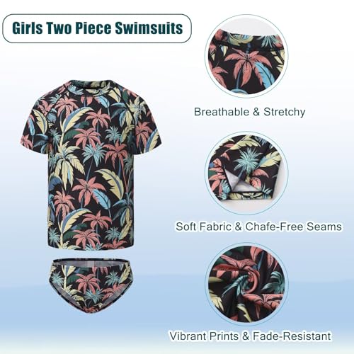 Image of Girls Two Piece Swimsuits Short Sleeve Rash Guard Swim Shirt Bikini Bottom Swim Set Bathing Swim Set Swimwear 3-16 Years