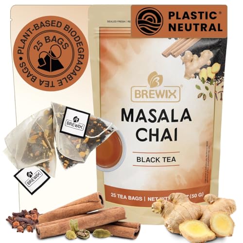BREWIX, Masala Chai Tea Bags (25 Pyramid Tea Bags) Strong, Robust &amp; Spicy - Pure Ingredients | Black Tea, Cinnamon, Ginger, Black Pepper, Cardamom &amp; Cloves, Packed in Resealable Ziplock Pouch