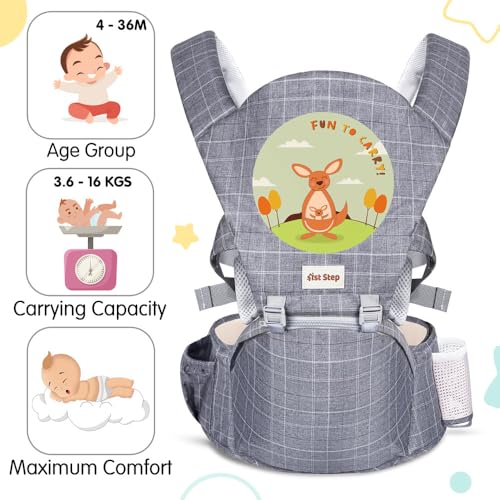 Image of 1st Step 5 in 1 Hip Seat Baby Carrier with 5 Carry Positions, Detachable Hip seat, Padded Waist Belt for 4 to 36 Months Baby, Adjustable New-Born to Toddler Carrier, Max Weight Up to 16 Kgs (Grey 2)