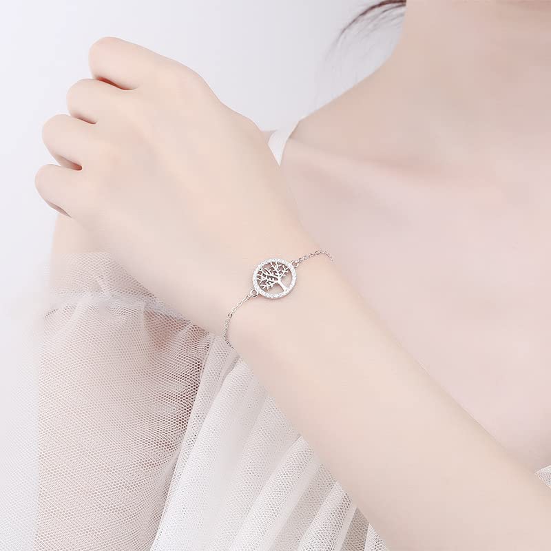 Pulsera De Plata，Pulsera De Cadena Fina Con Diseño De Árbol De La Vida En Plata De Ley 925 De Alta Gama Con Cierre De Resorte Ajustable, Joyería Energética Para Mujer.