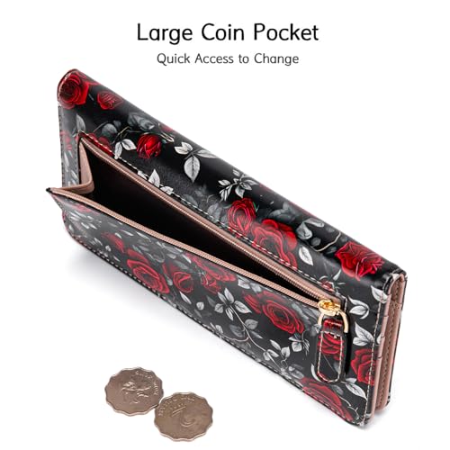 Image of Ultra Slim Thin Leather Women Wallet Rfid Blocking Credit Card Holder Bifold Clutch (Roses)