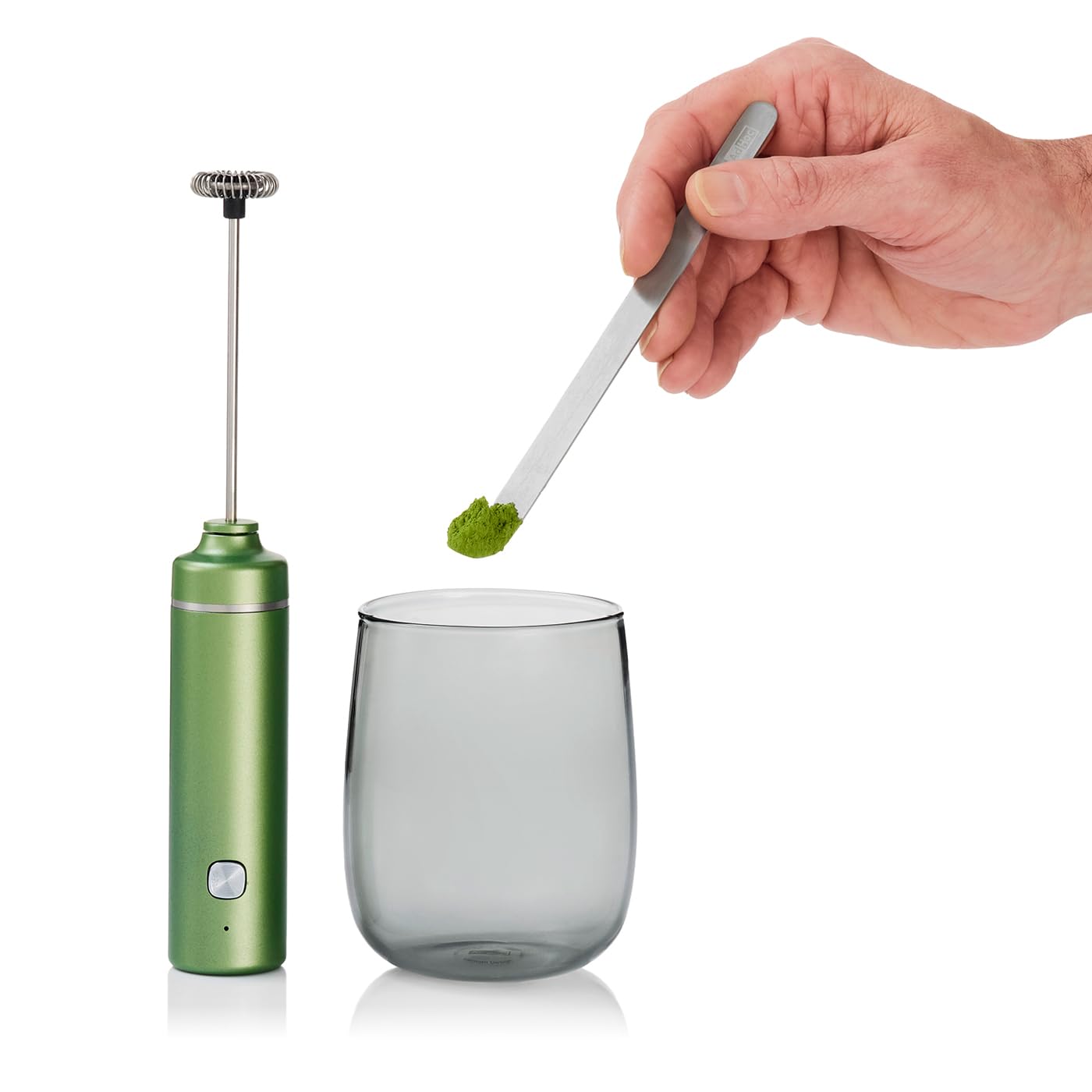 AdHoc Chado Set 3-tlg. – Matcha-Genießer-Set mit elektrischem Milchaufschäumer, mundgeblasenem Glas & Matcha-Löffel aus Edelstahl – USB-C wiederaufladbar