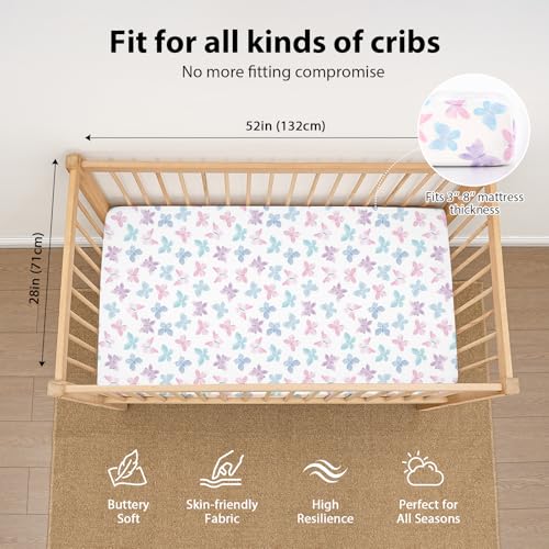 Image of Baby Crib Sheets Girl, 3 Pack Toddler Bed Sheets Fit for 52 inchx28 inch Standard Crib and Toddler Mattresses, Super Soft Microfiber Pink Butterfly Flower