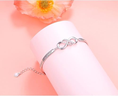 Miniatura 5 de Pulsera inspiradora de plata de ley 925 con mensaje "Always My Sister, Forever My Friend", pulseras ajustables para hermanas, joyería de amistad