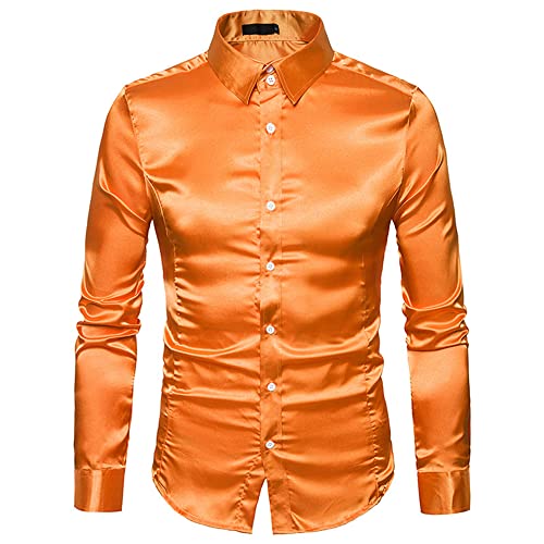 Camisa Manga Larga Hombre Color Sólido Brillante Camisa Hombre Ajustado Cuello Kent Tapeta con Botones Camisa Hombre Banquete Negocios Anfitrión Boda Espectáculo Camisa Hombre
