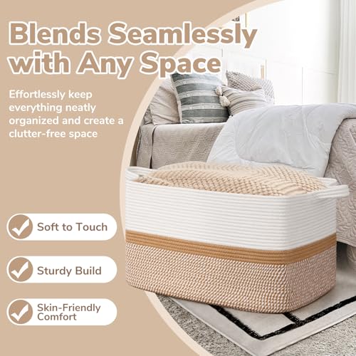 Image of Goodpick Large Woven Rope Blanket Basket, Rectangle, White & Camel Mix