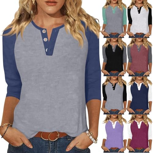 3/4 Length Sleeve Womens Tops Round Neck Color Block Button Henley Shirts Dressy Loose Three Quarter Sleeve Tops Woman