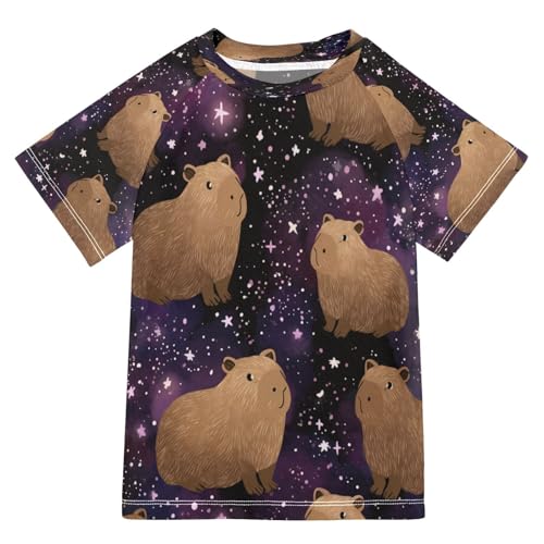 Boys Short Sleeve T-Shirts Capybara Animals Galaxy Rashguard Kids Swim Shirts Sun UPF 50+