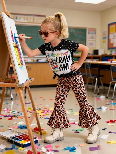 Image of Ayzozuy Kids Toddler Girl Clothes Letter Print Graphic Top + Leopard Print Flare Leg Pants 2PC Summer Clothing Set