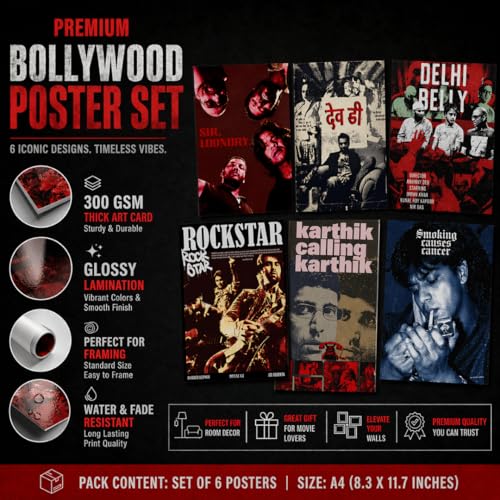 Image of Premium Bollywood Cult Classic Poster Set (Pack of 6) | A4 Size 300 GSM Art Card Posters with Glossy Lamination | Aesthetic Movie Wall Decor for Bedroom, Living Room, Studio & Gifts