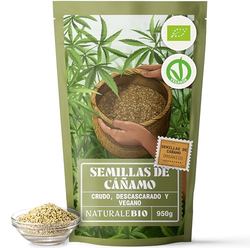 NaturaleBio semillas de cáñamo 950g. Ecológicas, veganas, sin OGM. Proteína vegetal, ricas en omega-3 y 6. Para la masa muscular, los huesos, la inflación y la salud del corazón.