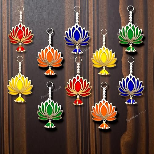 Image of Rajasthan Kraft Pack of 10 Handmade Multicolor MDF Lotus Door Hanging with Woolen Topi & Beads Traditional Entrance & Wall Decor for Makar Sankranti, Lohri, Weddings & Housewarming 6 Inch(RK-H-211-10)