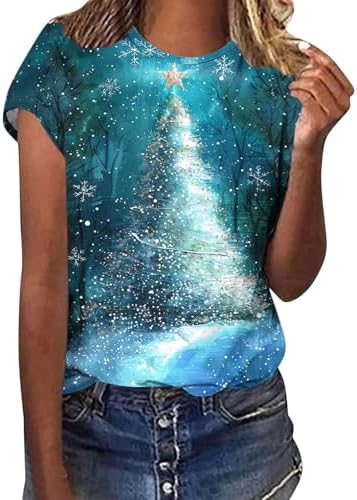 Christmas Tops for Women Dressy Short Sleeve Tee Glitter Xmas Tree Print Tshirt Petite Crewneck Pullover Tunic Blouse