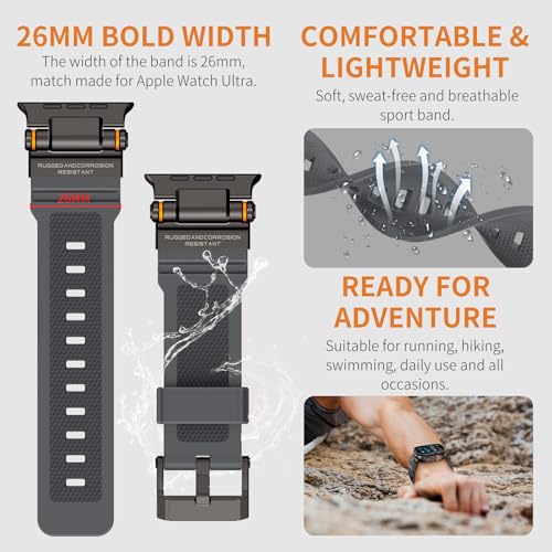 Image of FOAMUNOC Rugged Band Compatible with Apple Watch Ultra 3 /2 /1 Band 49mm /46mm /45mm /44mm /42mm, Metal Connector with Silicone Strap for iWatch Ultra Series 11 /10 /9 /8 /7 /6 /SE3 /SE2 /SE /5 /4 /3 /2 /1, Gray /Black