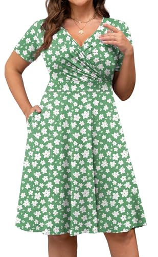 Image of POSESHE Womens Plus Size Dresses Summer Short Sleeve Wrap V-Neck Sundress Casual Wedding Guest Cocktail Dress with Pockets
