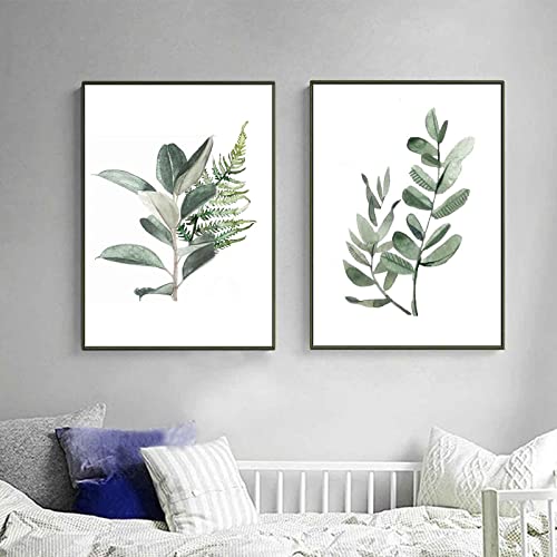 Juego de 2 pósteres de plantas verdes, cuadros de pared verdes, pósteres, lienzo natural, cuadros modernos, juego de decoración de pared, decoración de sala de estar, sin marco (30 x 40 cm)
