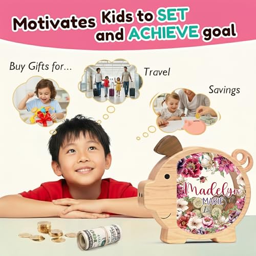 Image of Personalized Piggy Bank, Wooden Money Banks for Kids, Custom Gifts for Boys and Girls, Personalized Piggy Bank for Girls