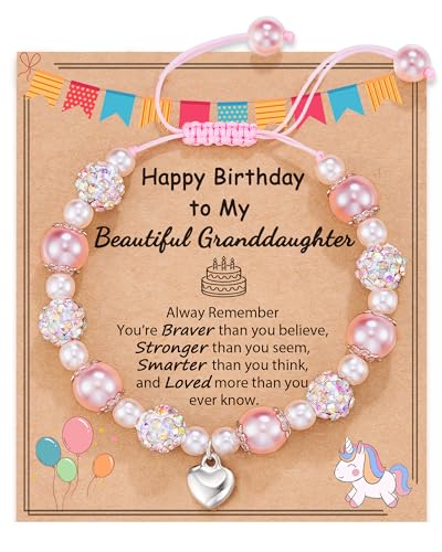 Happy Birthday Gifts for Beautiful Daughter Granddaughter Niece, Adjustable Pink Pearl Heart Bracelet for 1-10 Year Old